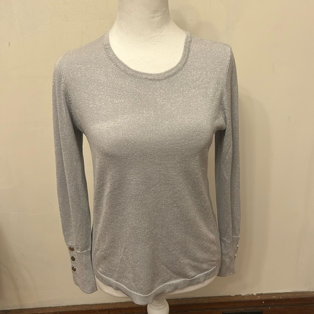 JM Collection silver sparkly long sleeve crewneck sweater Size MP New